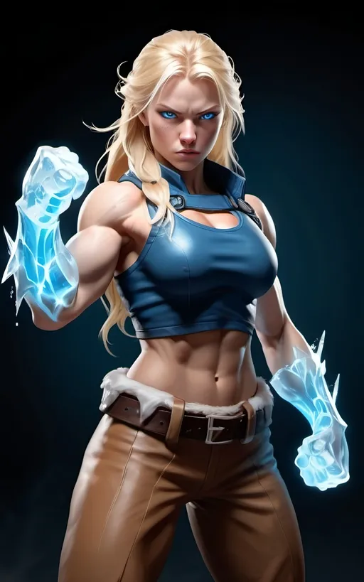 Prompt: Female figure. Greater bicep definition. Sharper, clearer blue eyes. Long Blonde hair flapping. Frostier, glacier effects. Fierce combat stance. Icy Knuckles. Raging Fists.