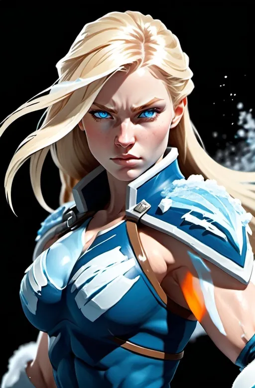 Prompt: Female figure. Greater bicep definition. Sharper, clearer blue eyes. Long Blonde hair flapping. Frostier, glacier effects. Fierce combat stance. Frost Covered Raging Fists.