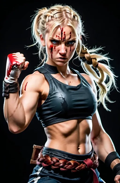 Prompt: Female Figure. Blonde hair. Braided ponytail. Fierce combat stance. Nose bleed. Warrior in training. Raging Fists.