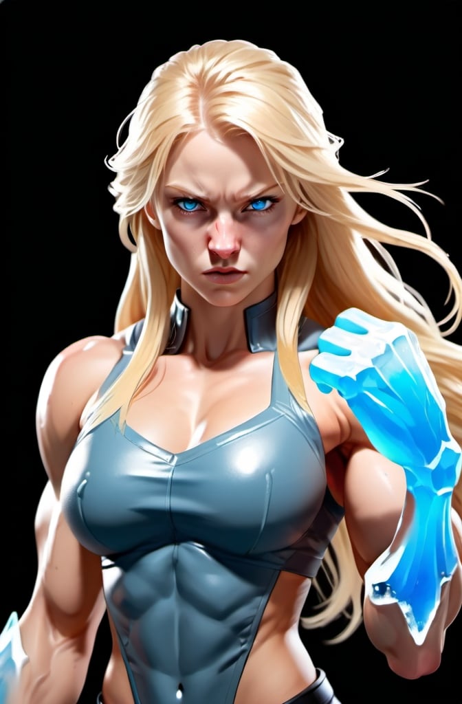 Prompt: Female figure. Greater bicep definition. Sharper, clearer blue eyes. Nosebleed. Long Blonde hair flapping. Frostier, glacier effects. Fierce combat stance. Icy Knuckles.