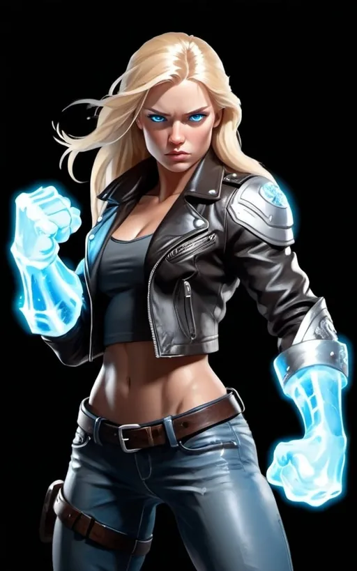 Prompt: Female figure. Greater bicep definition. Sharper, clearer blue eyes. Long Blonde hair flapping. Frostier, glacier effects. Fierce combat stance. Icy Knuckles. Leather Jacket.
