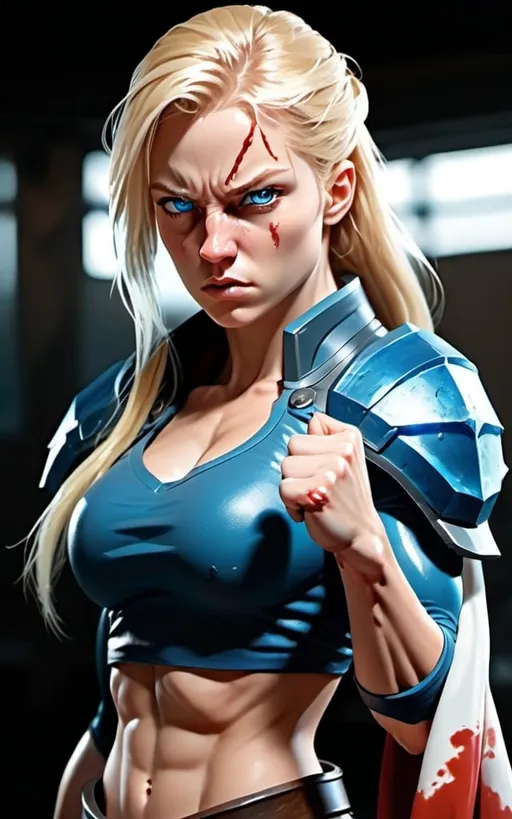 Prompt: Female figure. Greater bicep definition. Sharper, clearer blue eyes. Nosebleed. Long Blonde hair flapping. Frostier, glacier effects. Fierce combat stance. Enraged. 