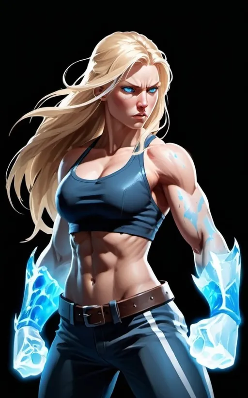 Prompt: Female figure. Greater bicep definition. Sharper, clearer blue eyes. Nosebleed. Long Blonde hair flapping. Frostier, glacier effects. Fierce combat stance. Raging Fists. Icy Knuckles. 