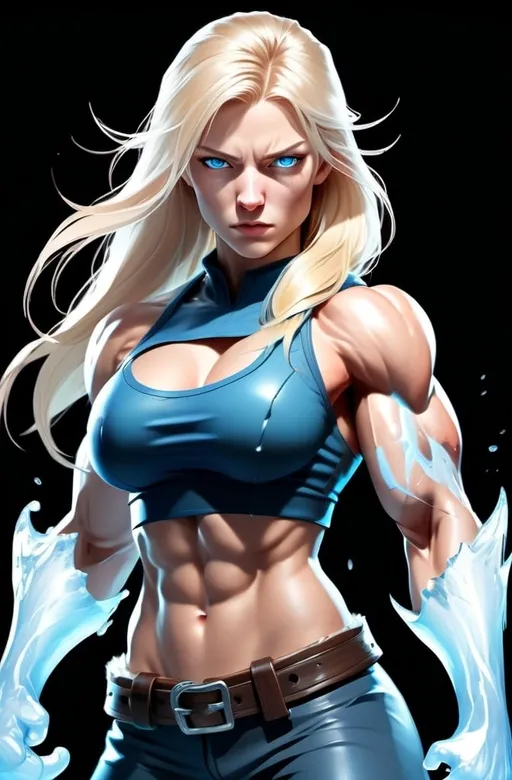 Prompt: Female figure. Greater bicep definition. Sharper, clearer blue eyes. Nosebleed. Long Blonde hair flapping. Frostier, glacier effects. Fierce combat stance. Raging Fists. Icy Knuckles.