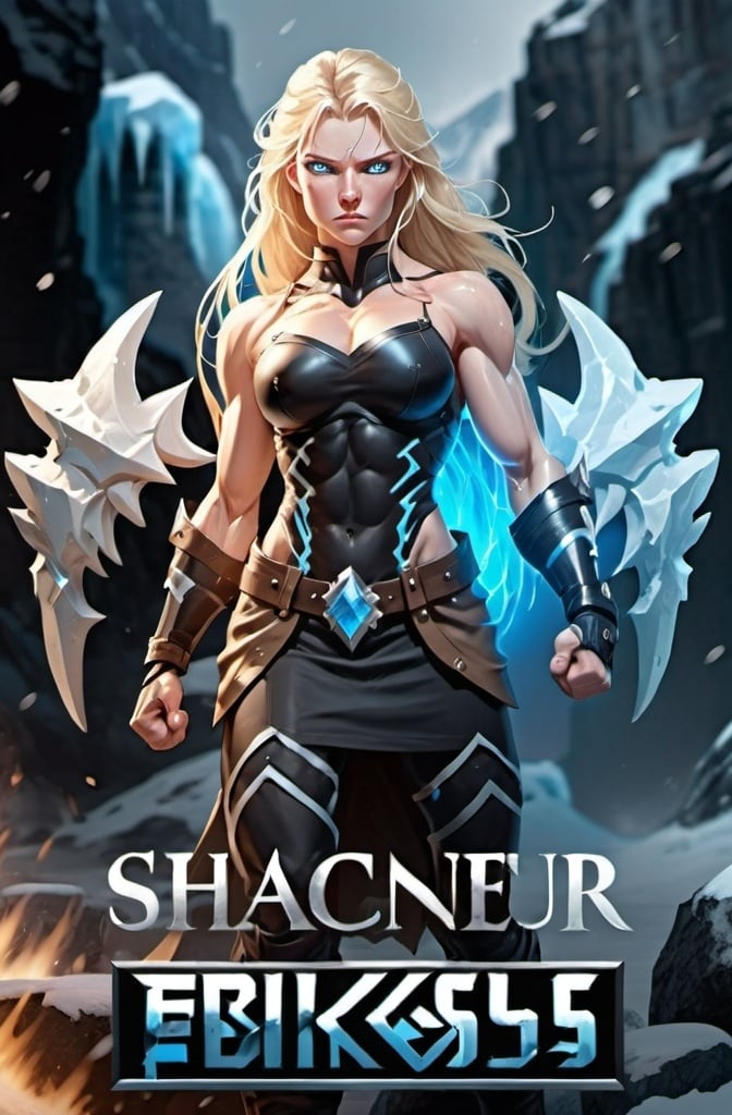 Prompt: Female figure. Greater bicep definition. Sharper, clearer blue eyes. Long Blonde hair flapping. Frostier, glacier effects. Fierce combat stance. Icy Knuckles. Raging Fists.