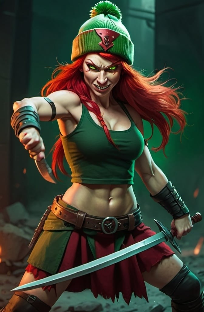 Prompt: Evil red-haired warrior woman, wearing a green beanie and a mischievous smirk. Carmine, red eyes. Fierce combat stance. 