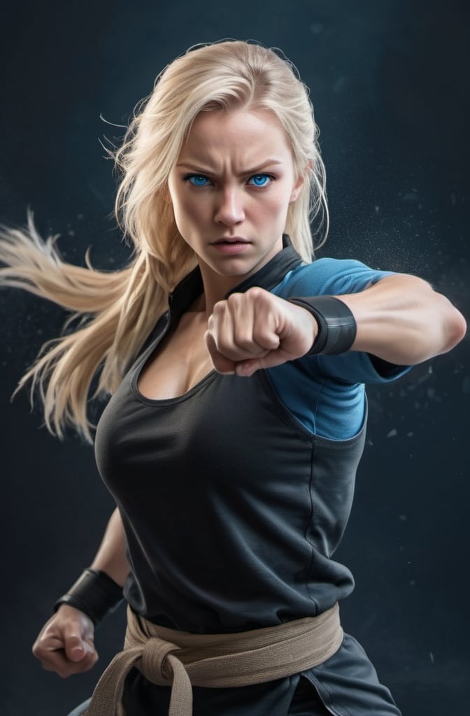 Prompt: Female figure. Greater bicep definition. Sharper, clearer blue eyes. Blonde hair flapping. Frostier, glacier effects. Fierce combat stance. Martial artist. 