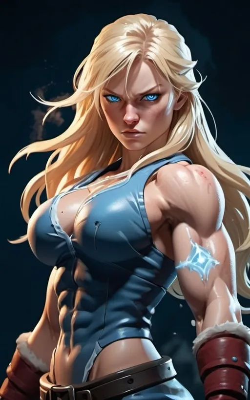 Prompt: Female figure. Greater bicep definition. Sharper, clearer blue eyes. Nosebleed. Long Blonde hair flapping. Frostier, glacier effects. Fierce combat stance. Raging Fists. Icy Knuckles. 