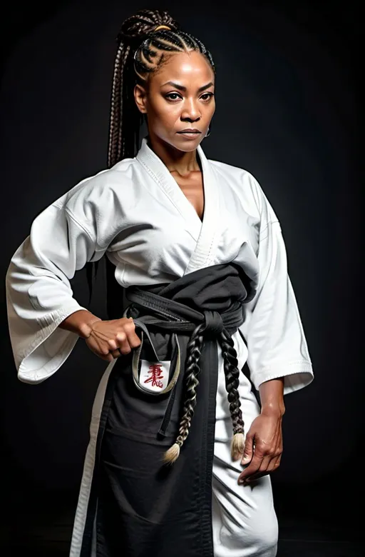Prompt: Middle-aged Black female in all white robes. Dark skin. Martial artists. Strong. Wise woman. Fierce. Leader. Braided ponytail. 
