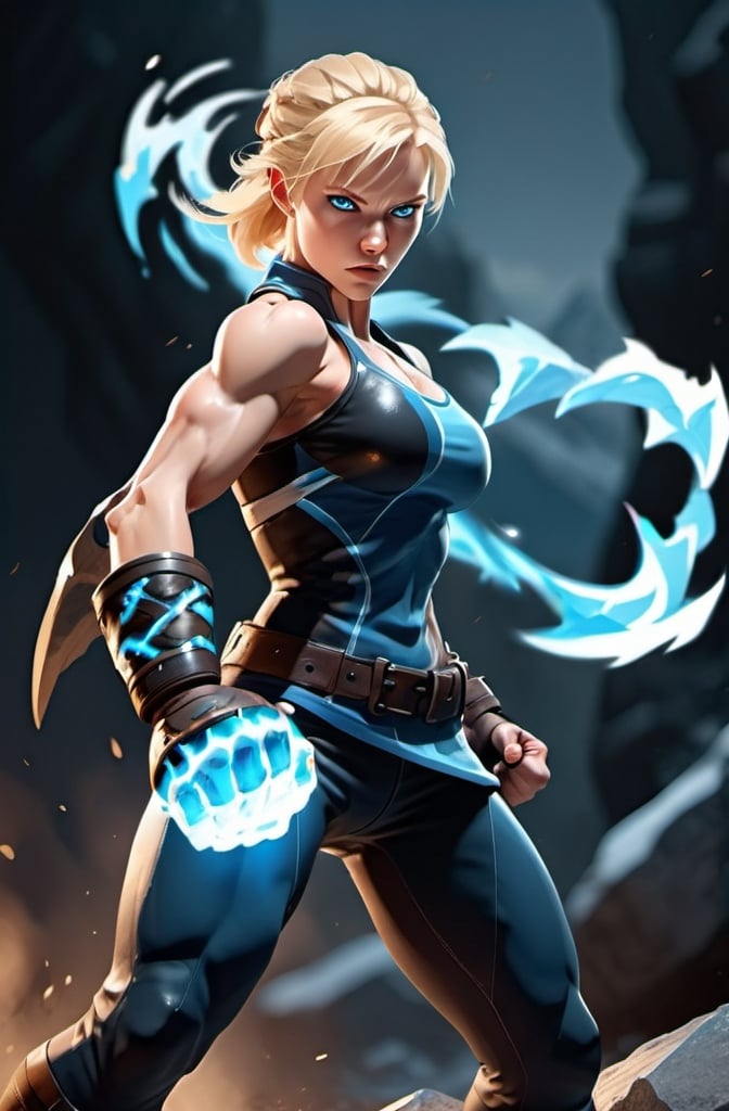 Prompt: Female figure. Greater bicep definition. Sharper, clearer blue eyes. Blonde hair flapping. Frostier, glacier effects. Fierce combat stance. Raging Fists.