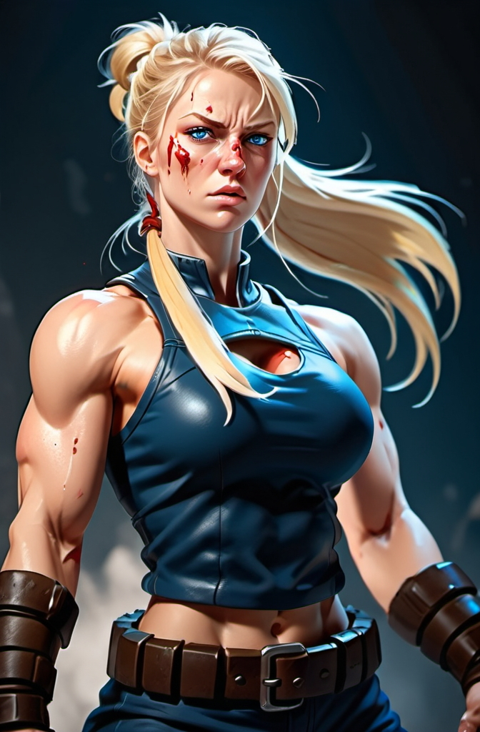 Prompt:  Female figure. Greater bicep definition. Sharper, clearer blue eyes. Blonde hair  flapping. Nose bleed. Frostier, glacier effects. Fierce combat stance. Raging Fists. 