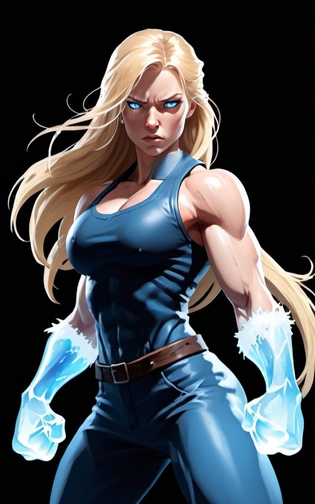 Prompt: Female figure. Greater bicep definition. Sharper, clearer blue eyes. Nosebleed. Long Blonde hair flapping. Frostier, glacier effects. Fierce combat stance. Raging Fists. Icy Knuckles. 