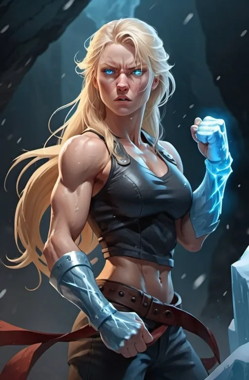 Prompt: Female figure. Greater bicep definition. Sharper, clearer blue eyes. Nosebleed. Long Blonde hair flapping. Frostier, glacier effects. Fierce combat stance. Raging Fists. Icy Knuckles.