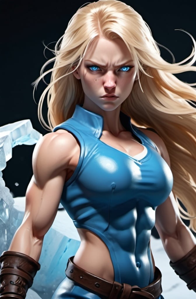 Prompt: Female figure. Greater bicep definition. Sharper, clearer blue eyes. Nosebleed. Long Blonde hair flapping. Frostier, glacier effects. Fierce combat stance. Raging Fists. Icy Knuckles. 