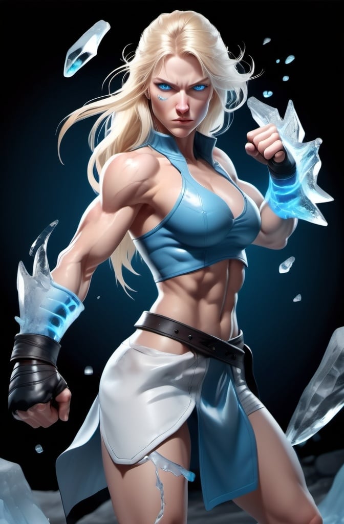 Prompt: Female figure. Greater bicep definition. Sharper, clearer blue eyes. Nosebleed. Long Blonde hair flapping. Frostier, glacier effects. Fierce combat stance. Raging Fists. Icy Knuckles.