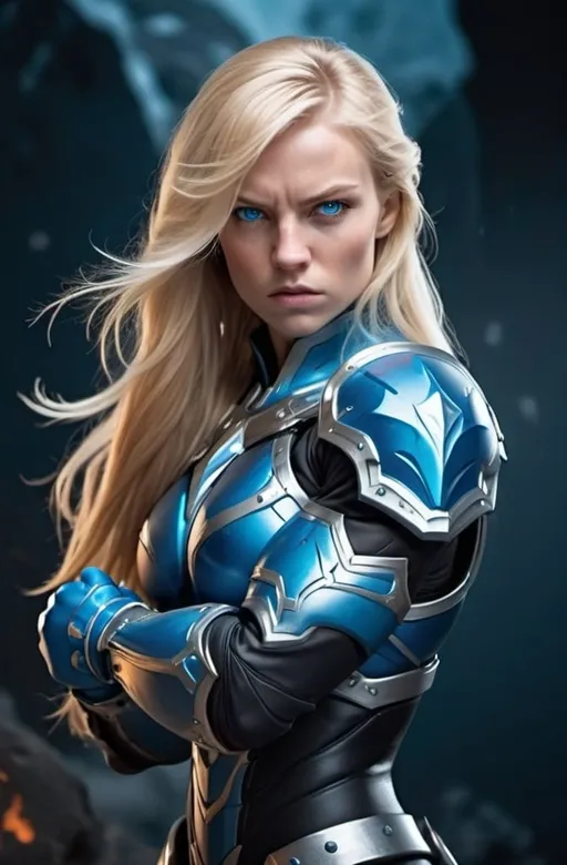 Prompt: Female figure. Greater bicep definition. Sharper, clearer blue eyes. Nosebleed. Long Blonde hair flapping. Frostier, glacier effects. Fierce combat stance. Raging Fists. Icy Knuckles. Blue armor suit.