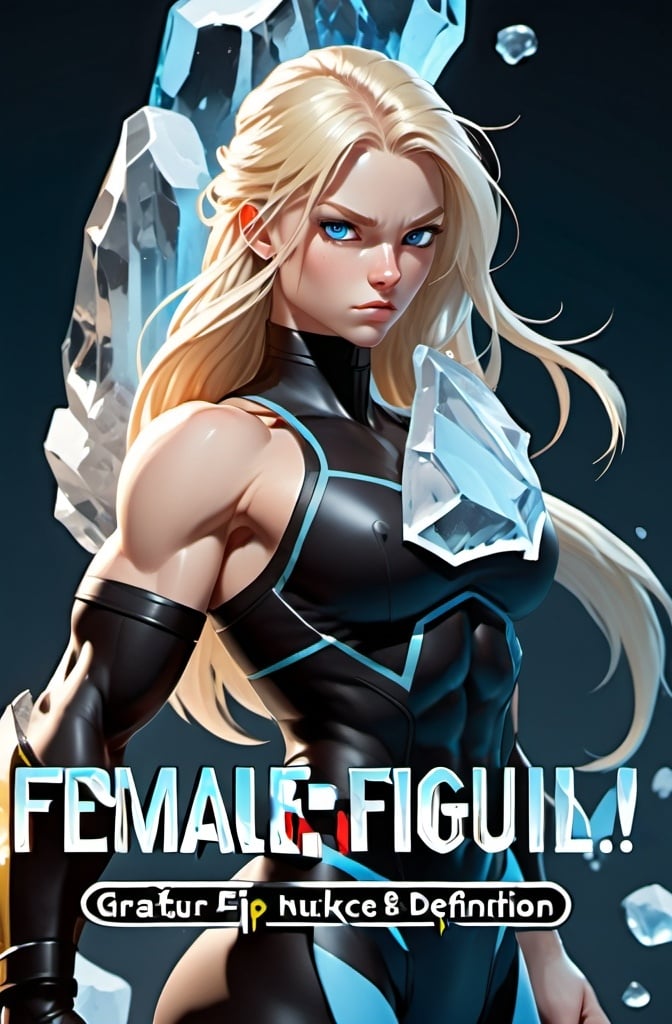 Prompt: Female figure. Greater bicep definition. Sharper, clearer blue eyes. Long Blonde hair flapping. Frostier, glacier effects. Fierce combat stance. Icy Knuckles.