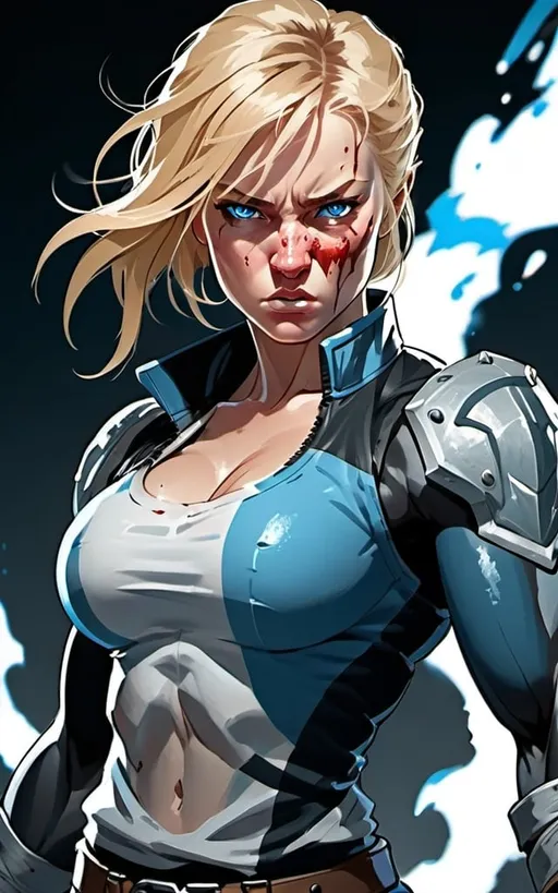 Prompt: Female figure. Greater bicep definition. Sharper, clearer blue eyes. Bleeding. Blonde hair flapping. Frostier, glacier effects. Fierce combat stance. Raging Fists.
