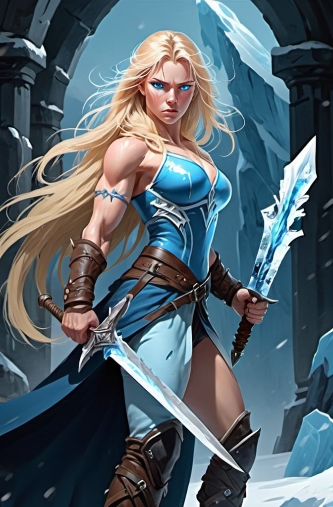 Prompt: Female figure. Greater bicep definition. Sharper, clearer blue eyes. Bleeding. Long Blonde hair flapping. Frostier, glacier effects. Fierce combat stance. Ice Daggers. 