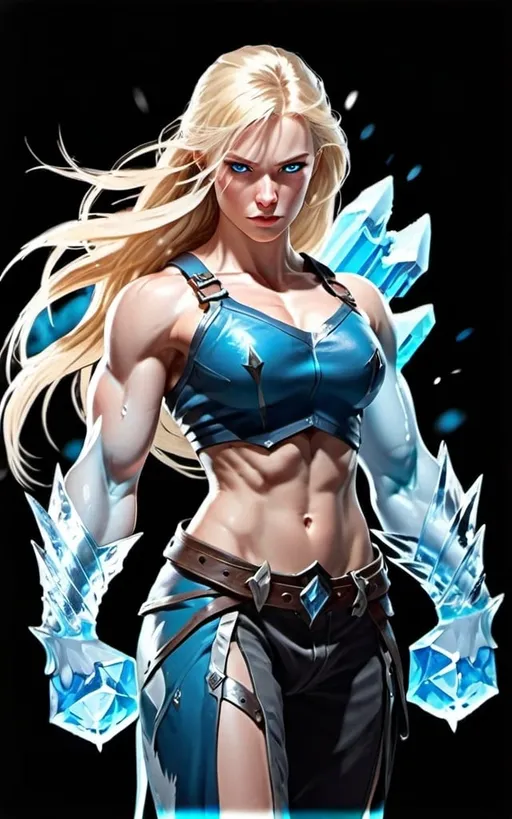 Prompt: Female figure. Greater bicep definition. Sharper, clearer blue eyes. Long Blonde hair flapping. Frostier, glacier effects. Fierce combat stance. Ice daggers.