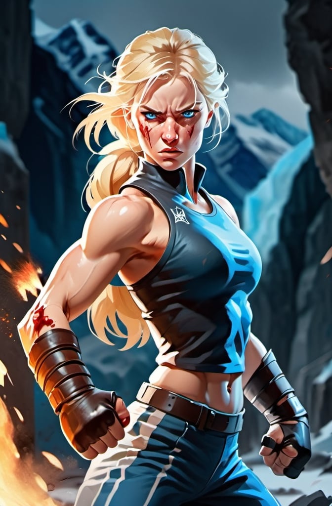 Prompt: Female figure. Greater bicep definition. Sharper, clearer blue eyes. Nose bleed. Blonde hair flapping. Frostier, glacier effects. Fierce combat stance. Raging Fists. 