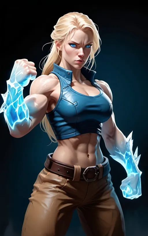 Prompt: Female figure. Greater bicep definition. Sharper, clearer blue eyes. Long Blonde hair flapping. Frostier, glacier effects. Fierce combat stance. Icy Knuckles. Raging Fists.