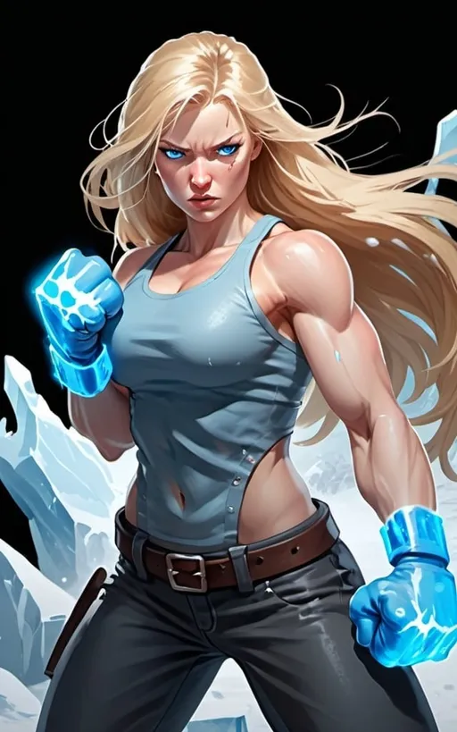 Prompt: Female figure. Greater bicep definition. Sharper, clearer blue eyes. Nosebleed. Long Blonde hair flapping. Frostier, glacier effects. Fierce combat stance. Raging Fists. Icy Knuckles. Wearing Pants. 