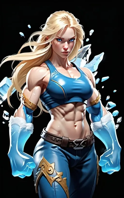 Prompt: Female figure. Greater bicep definition. Sharper, clearer blue eyes. Long Blonde hair flapping. Frostier, glacier effects. Fierce combat stance. Ice Fists.