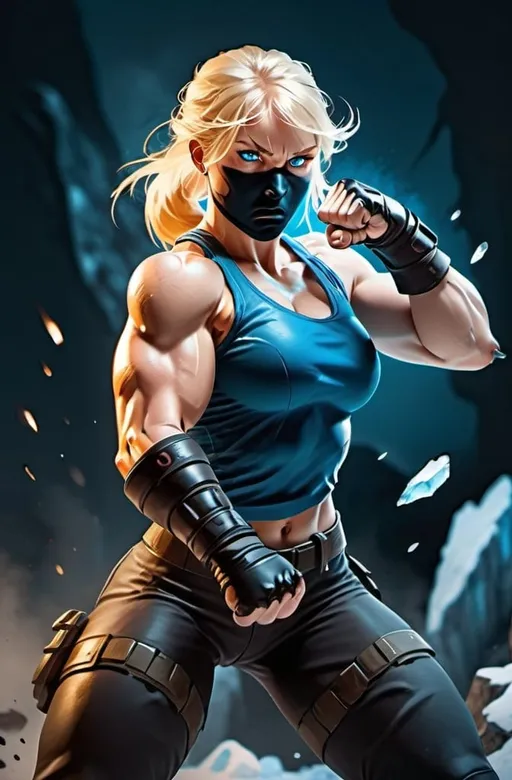 Prompt: Female figure. Greater bicep definition. Sharper, clearer blue eyes. Nose bleed. Blonde hair flapping. Frostier, glacier effects. Fierce combat stance. Raging Fists. 