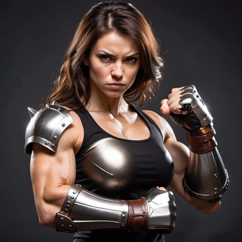 Prompt: Female figure. Greater bicep definition.  Muscular. Russian. Brown eyes. Brunette hair. Fierce combat stance. Raging Fists. Steel Gauntlets. Metallic Knuckles.  