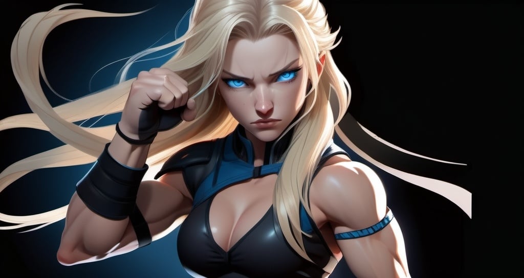 Prompt: Female figure. Greater bicep definition. Sharper, clearer blue eyes. Nosebleed. Long Blonde hair flapping. Frostier, glacier effects. Fierce combat stance. Raging Fists. Icy Knuckles.