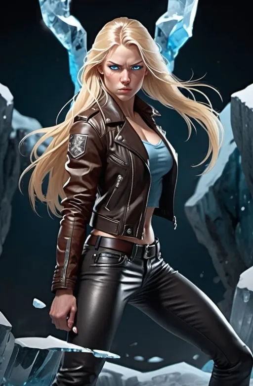 Prompt: Female figure. Greater bicep definition. Sharper, clearer blue eyes. Nosebleed. Long Blonde hair flapping. Frostier, glacier effects. Fierce combat stance. Leather Jacket. Icy Knuckles.  