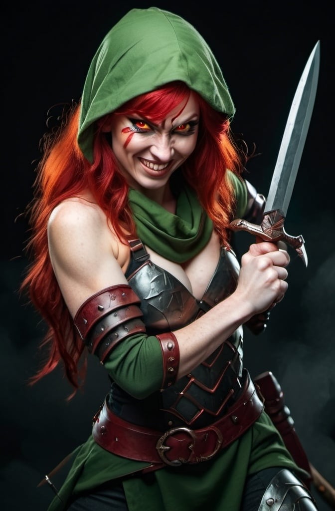 Prompt: Evil red-haired warrior woman with a mischievous grin. Carmine, red eyes. Fierce combat stance.