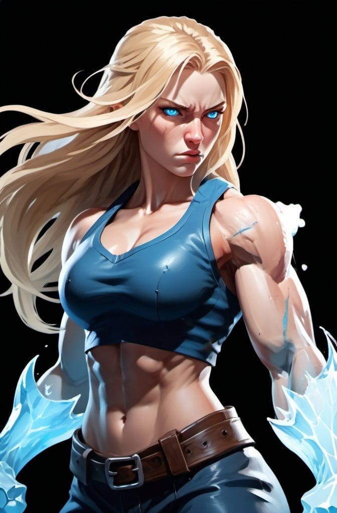 Prompt: Female figure. Greater bicep definition. Sharper, clearer blue eyes. Nosebleed. Long Blonde hair flapping. Frostier, glacier effects. Fierce combat stance. Raging Fists. Icy Knuckles. 