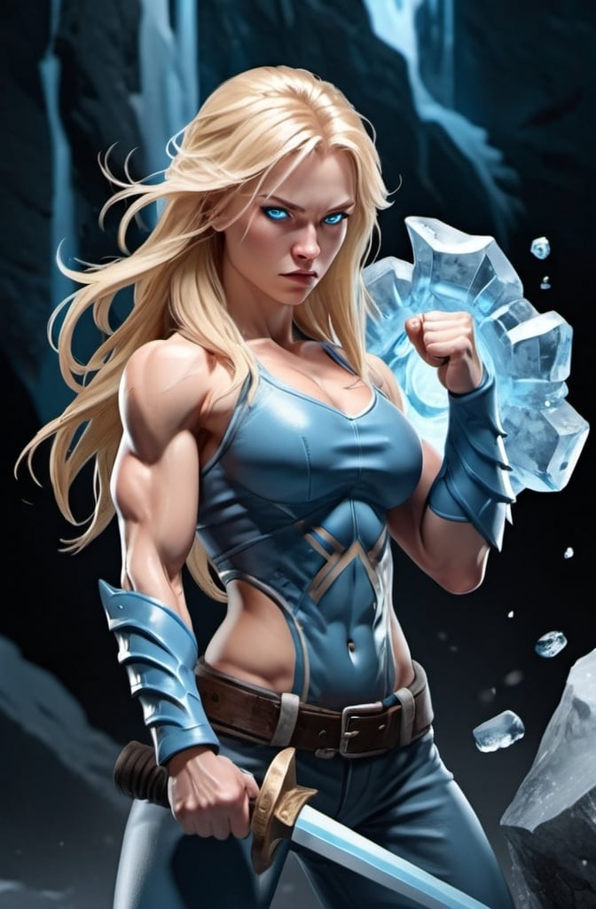 Prompt: Female figure. Greater bicep definition. Sharper, clearer blue eyes. Nosebleed. Long Blonde hair flapping. Frostier, glacier effects. Fierce combat stance. Icy Knuckles. 