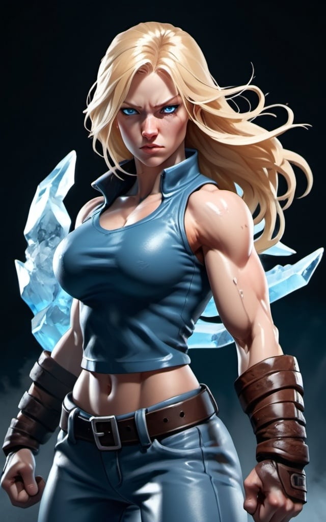 Prompt: Female figure. Greater bicep definition. Sharper, clearer blue eyes. Nosebleed. Long Blonde hair flapping. Frostier, glacier effects. Fierce combat stance. Raging Fists. Icy Knuckles. Wearing Pants. 