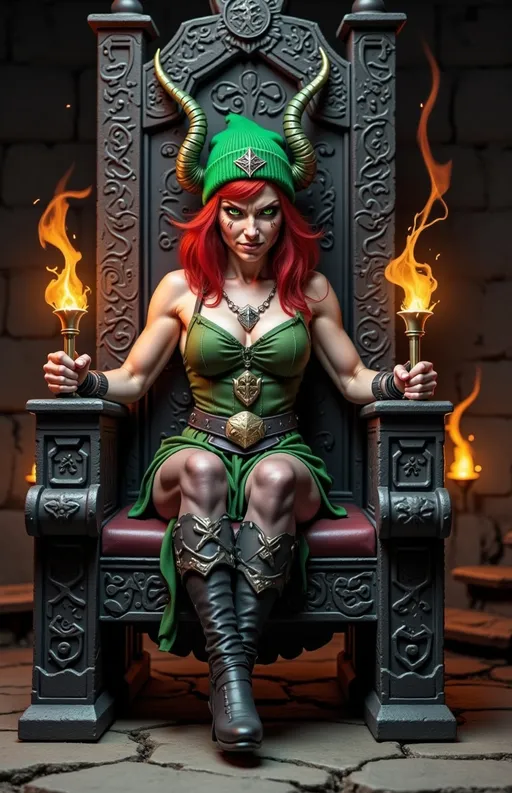 Prompt: @wbV7YKlXTFt2cBPb46HT A powerful female warrior, adorned with a demonic horned crown, sits confidently on an ornate throne. Her expression is a wicked smirk, revealing her cunning nature. The throne is intricately carved, surrounded by dark, swirling shadows that hint at her sinister power. Flickering torches cast an ominous glow, highlighting the sharp angles of her crown and the fierce determination in her eyes. The background features crumbling stone walls, adorned with ancient runes that pulse faintly with energy, enhancing the atmosphere of dark majesty. The camera captures this scene from a low angle, emphasizing her dominance and the grandeur of her throne, while a subtle mist swirls around the base, adding an air of mystery.