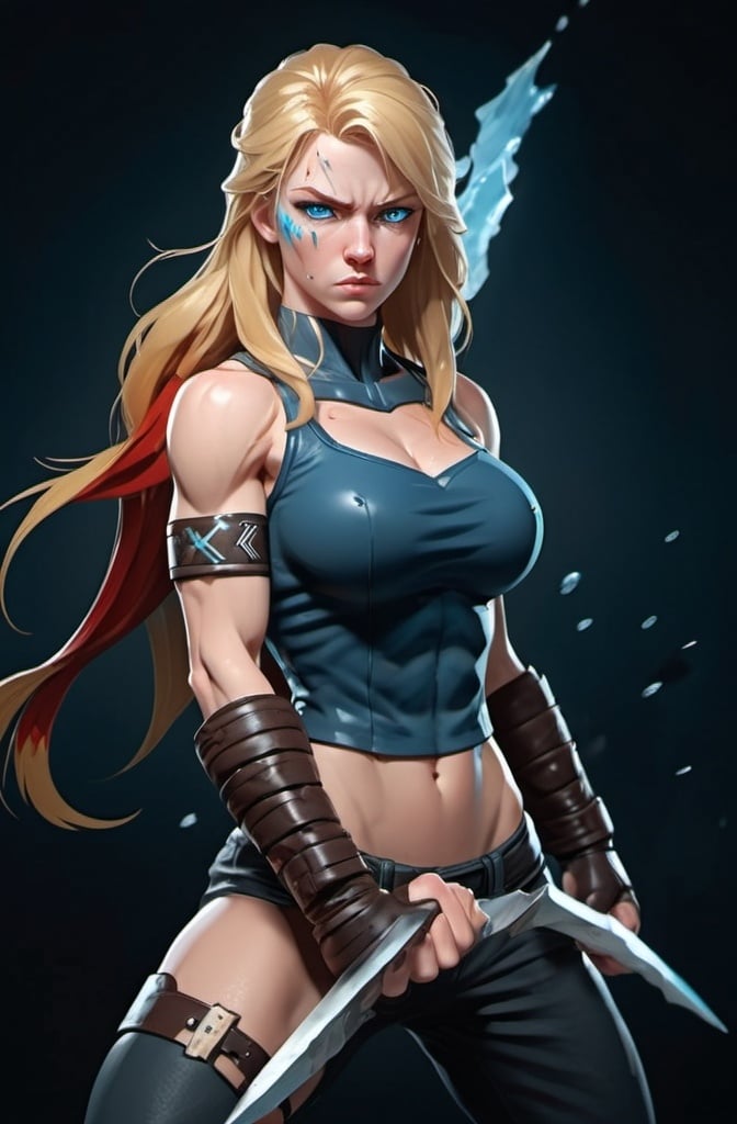 Prompt: Female figure. Greater bicep definition. Sharper, clearer blue eyes. Nosebleed. Long Blonde hair flapping. Frostier, glacier effects. Fierce combat stance. Raging Fists. Icy Knuckles.