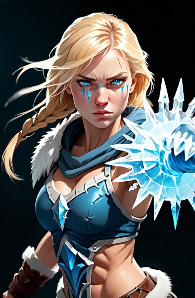 Prompt:  Female figure. Greater bicep definition. Sharper, clearer blue eyes. Blonde hair flapping. Nosebleed. Frostier, glacier effects. Fierce combat stance. Holding ice daggers. 