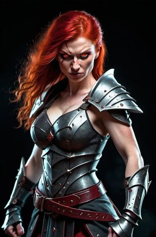 Prompt: Evil red-haired warrior woman with a mischievous grin. Carmine, red eyes. Fierce combat stance.