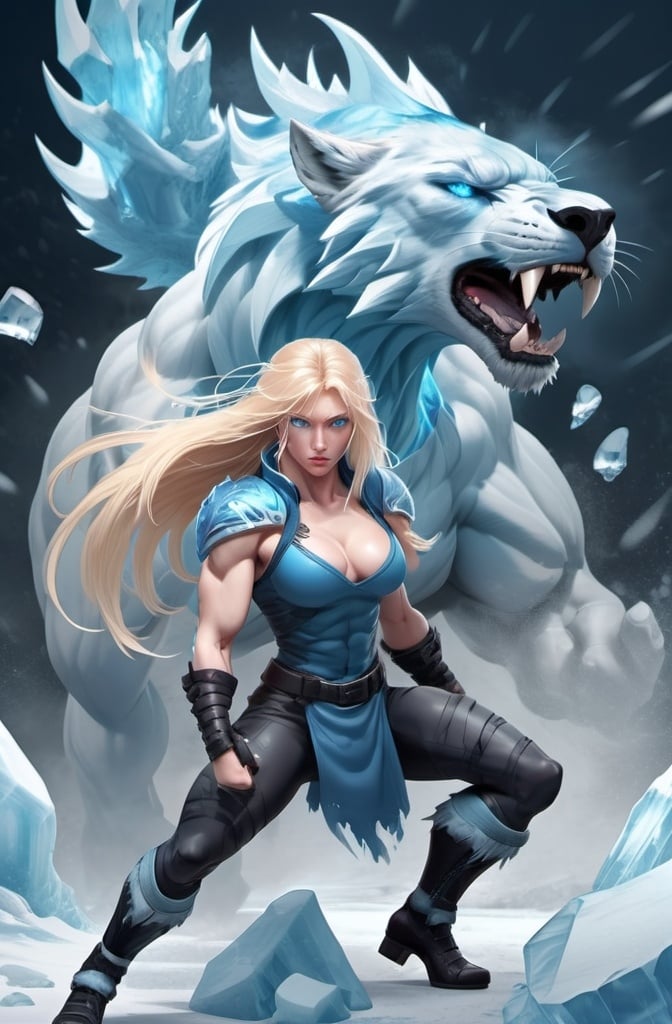 Prompt:  Female figure. Greater bicep definition. Sharper, clearer blue eyes. Nosebleed. Long Blonde hair flapping. Frostier, glacier effects. Fierce combat stance. Raging Fists. Icy Knuckles. 