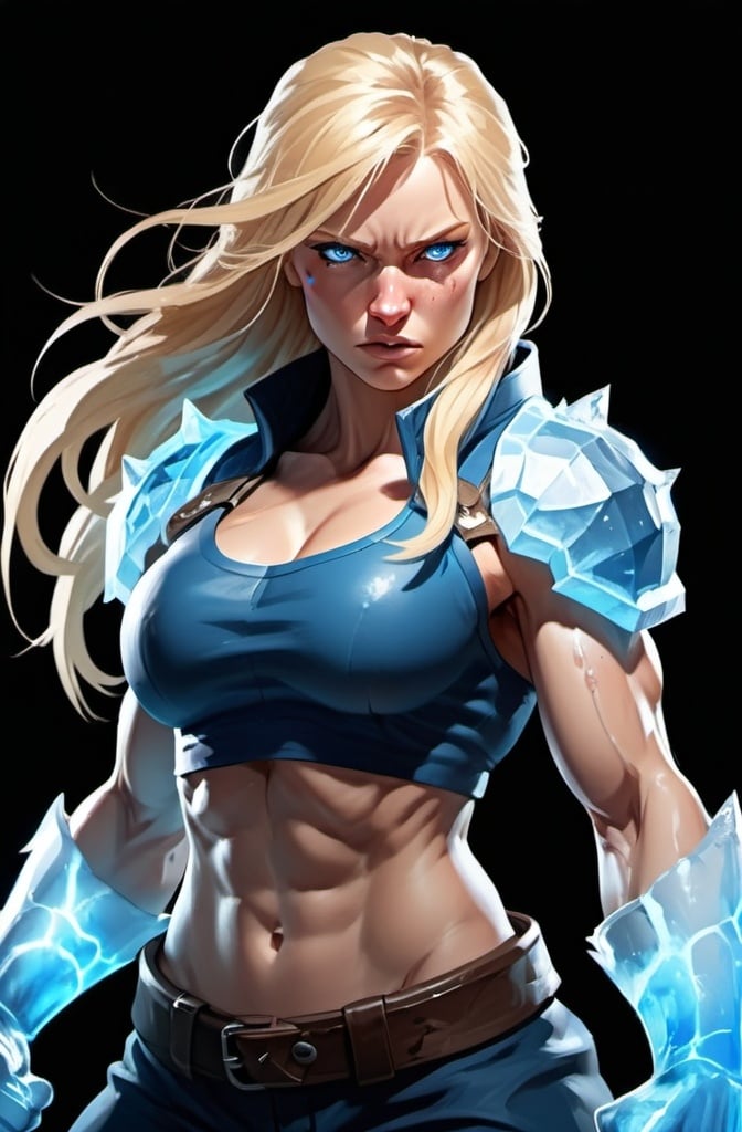 Prompt: Female figure. Greater bicep definition. Sharper, clearer blue eyes. Nosebleed. Long Blonde hair flapping. Frostier, glacier effects. Fierce combat stance. Raging Fists. Icy Knuckles. 