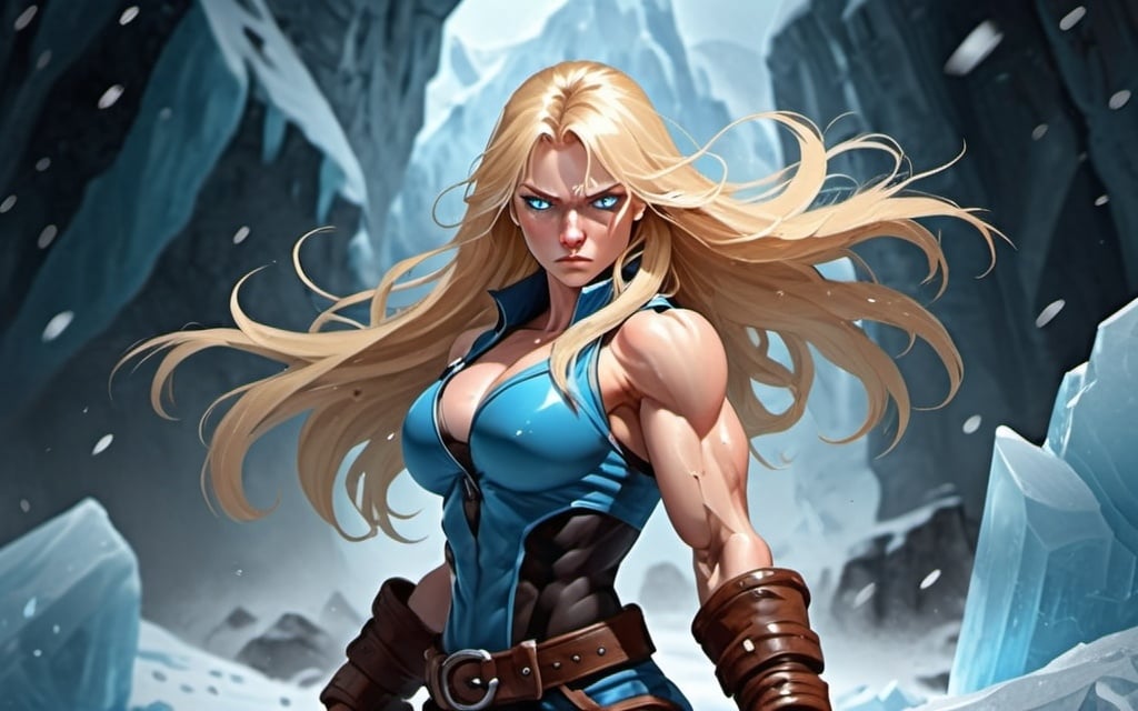 Prompt: Female figure. Greater bicep definition. Sharper, clearer blue eyes. Nosebleed. Long Blonde hair flapping. Frostier, glacier effects. Fierce combat stance. Raging Fists. Icy Knuckles. 