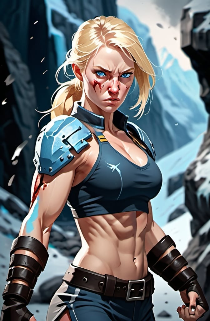 Prompt:  Female figure. Greater bicep definition. Sharper, clearer blue eyes. Blonde hair  flapping. Nose bleed. Frostier, glacier effects. Fierce combat stance. Raging Fists. 