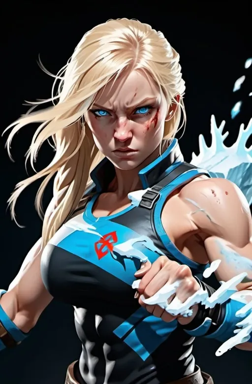Prompt: Female figure. Greater bicep definition. Sharper, clearer blue eyes. Long Blonde hair flapping. Nosebleed. Frostier, glacier effects. Fierce combat stance. Frost Covered Raging Fists.