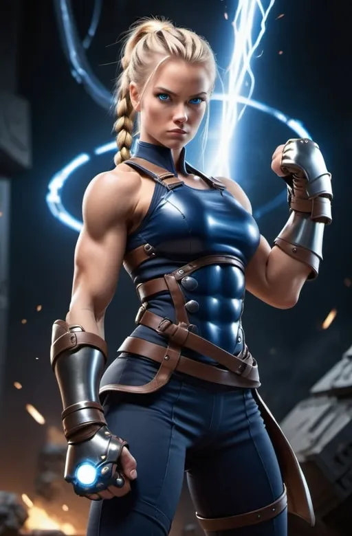 Prompt: Female figure. Greater bicep definition. Dark Blue eyes. Blonde braided ponytail. Fierce combat stance. Raging Gravity-powered Gauntlets. 