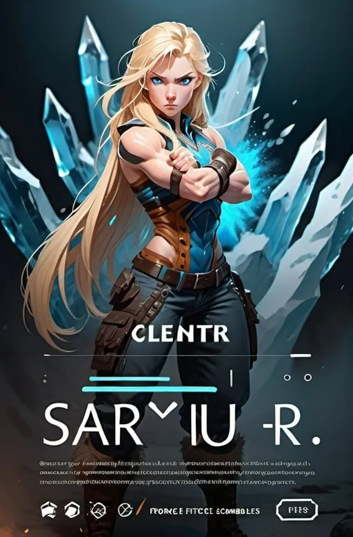 Prompt: Female figure. Greater bicep definition. Sharper, clearer blue eyes. Long Blonde hair flapping. Frostier, glacier effects. Fierce combat stance. Icy Knuckles. Raging Fists.