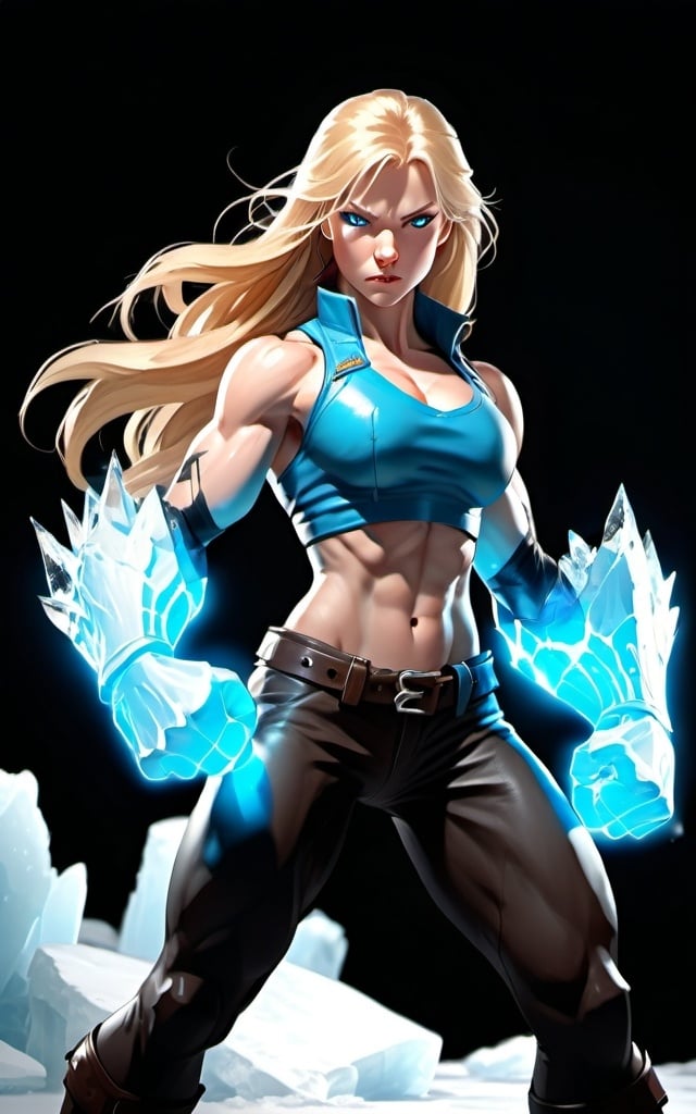 Prompt: Female figure. Greater bicep definition. Sharper, clearer blue eyes. Long Blonde hair flapping. Frostier, glacier effects. Fierce combat stance. Icy Knuckles. Raging Fists.