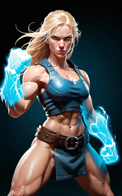 Prompt: Female figure. Greater bicep definition. Sharper, clearer blue eyes. Long Blonde hair flapping. Frostier, glacier effects. Fierce combat stance. Raging Fists. 