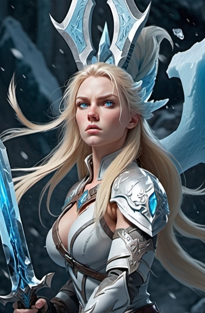 Prompt: Female figure. Greater bicep definition. Sharper, clearer blue eyes. Nosebleed. Long Blonde hair flapping. Frostier, glacier effects. Fierce combat stance. Ice dagger. 